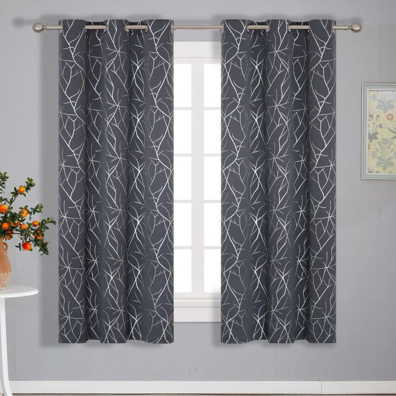 Photo 2 of Estelar Textiler Blackout Curtains Foil Print Branches Thermal Insulated Window Energy Saving Drapes for Kids Room 38W x 45L Inch Set of 2 Panels Dark Grey