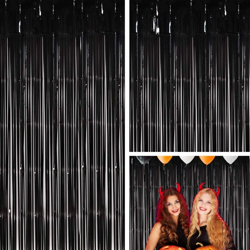 Photo 1 of Moohome 2 Pack 3ft x 8ft Black Foil Curtains Metallic Tinsel Fringe Curtains Shimmer Door Window Curtain Backdrop for Birthday Wedding Bridal Shower...