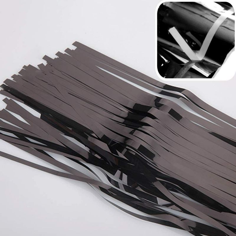 Photo 2 of Moohome 2 Pack 3ft x 8ft Black Foil Curtains Metallic Tinsel Fringe Curtains Shimmer Door Window Curtain Backdrop for Birthday Wedding Bridal Shower...