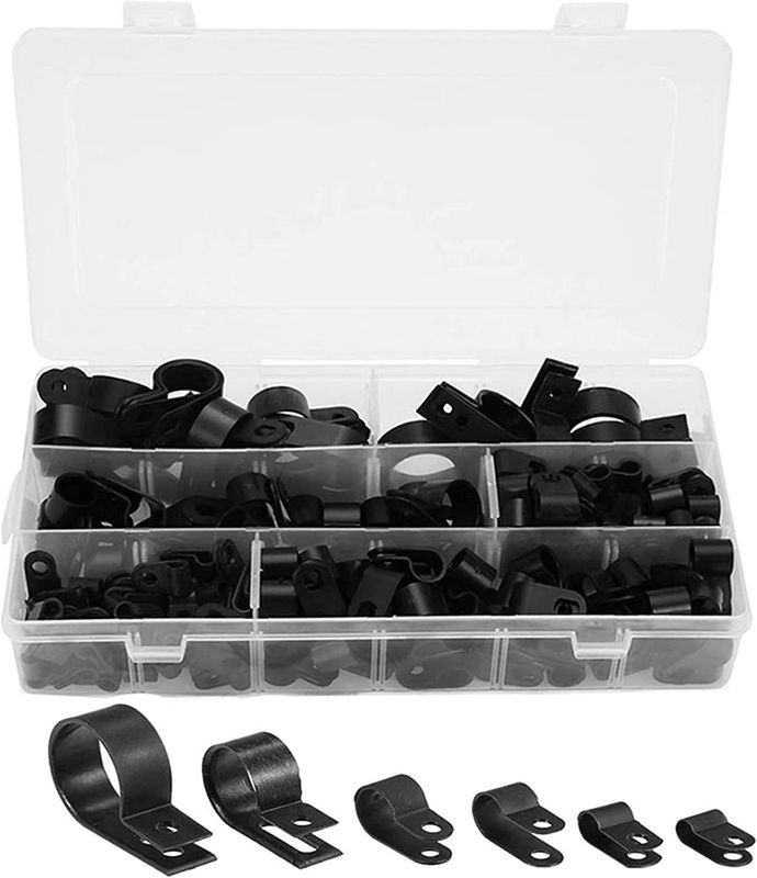 Photo 1 of Cable Clamp 200 Pcs Black Nylon Plastic R-Type Cable Clamps 3/16" 1/4" 3/8" 1/2" 3/4" 1" Clips Fasteners Assortment for Cable Conduit
