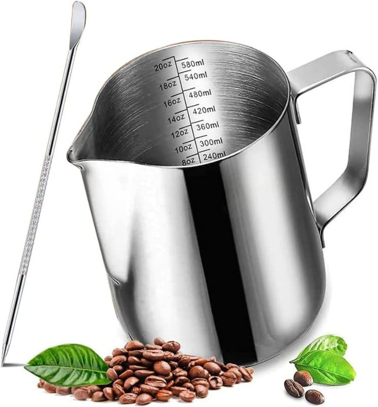 Photo 1 of 20 oz Milk Frothing Pitcher, 304 stainless steel 600ml milk can coffee frothing cup with art deco pen milk jug coffee cup used to make cappuccino latte
