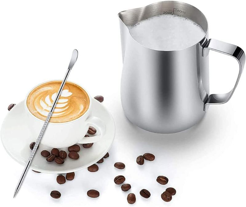 Photo 3 of 20 oz Milk Frothing Pitcher, 304 stainless steel 600ml milk can coffee frothing cup with art deco pen milk jug coffee cup used to make cappuccino latte
