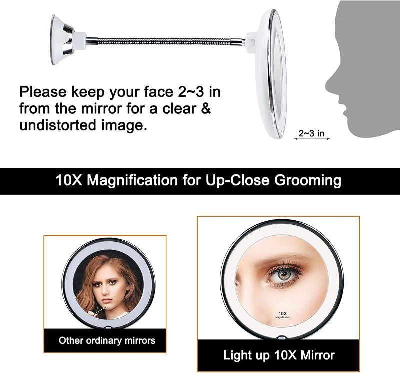 Photo 4 of Brightown 10x Magnifying LED Lighted Makeup Mirror with Suction Cup, 10" Flexible Goose-Neck Wall Mirror with 360° Swivel, Cordless LED Vanity Mirror for Shower Bathroom

