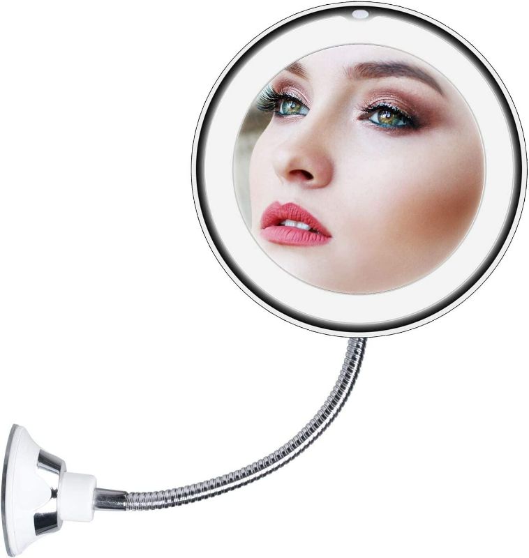 Photo 1 of Brightown 10x Magnifying LED Lighted Makeup Mirror with Suction Cup, 10" Flexible Goose-Neck Wall Mirror with 360° Swivel, Cordless LED Vanity Mirror for Shower Bathroom
