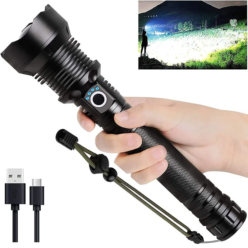 Photo 1 of Rechargeable LED Flashlights High Lumens, 90000 Lumens Super Bright Zoomable Waterproof Flashlight with Batteries Included & 3 Modes, Powerful Handheld Flashlight for Camping Emergencies
