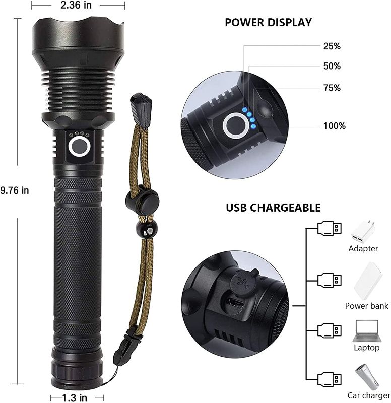 Photo 2 of Rechargeable LED Flashlights High Lumens, 90000 Lumens Super Bright Zoomable Waterproof Flashlight with Batteries Included & 3 Modes, Powerful Handheld Flashlight for Camping Emergencies