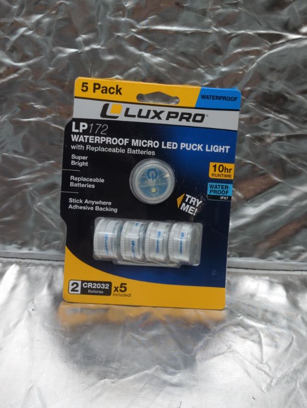 Photo 8 of LUXPRO Waterproof Micro LED Puck Lights - Adhesive Lighting Ideal for Under Cabinets, in Tackle Boxes, or On Bookcases - Includes Batteries - 5 Pack
