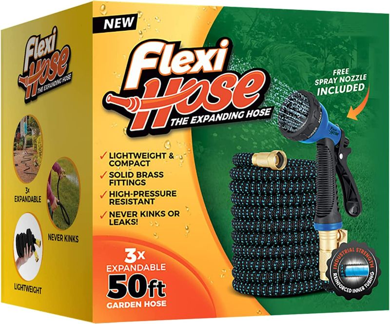 Photo 2 of Flexi Hose with 8 Function Nozzle Expandable Garden Hose, Lightweight & No-Kink Flexible Garden Hose, 3/4 inch Solid Brass Fittings and Double Latex Core, 50 ft Blue Black
