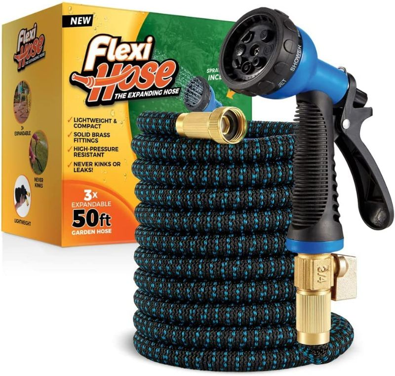 Photo 1 of Flexi Hose with 8 Function Nozzle Expandable Garden Hose, Lightweight & No-Kink Flexible Garden Hose, 3/4 inch Solid Brass Fittings and Double Latex Core, 50 ft Blue Black
