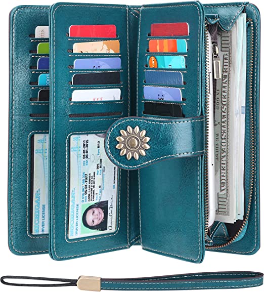 Photo 1 of Lavemi Womens Large Capacity Genuine Leather RFID Blocking Wallets Wristlet Clutch Card Holder DARK GREEN
