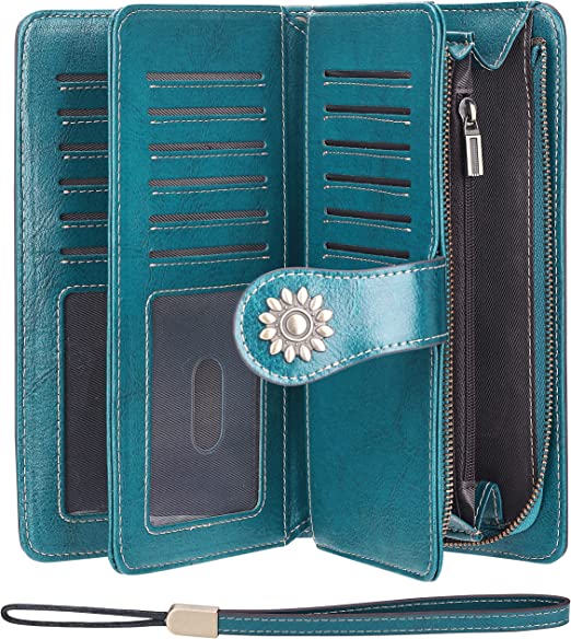Photo 3 of Lavemi Womens Large Capacity Genuine Leather RFID Blocking Wallets Wristlet Clutch Card Holder DARK GREEN
