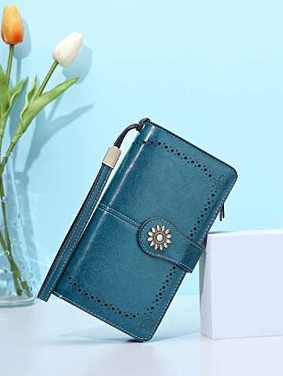 Photo 2 of Lavemi Womens Large Capacity Genuine Leather RFID Blocking Wallets Wristlet Clutch Card Holder DARK GREEN