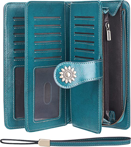 Photo 3 of Lavemi Womens Large Capacity Genuine Leather RFID Blocking Wallets Wristlet Clutch Card Holder DARK GREEN