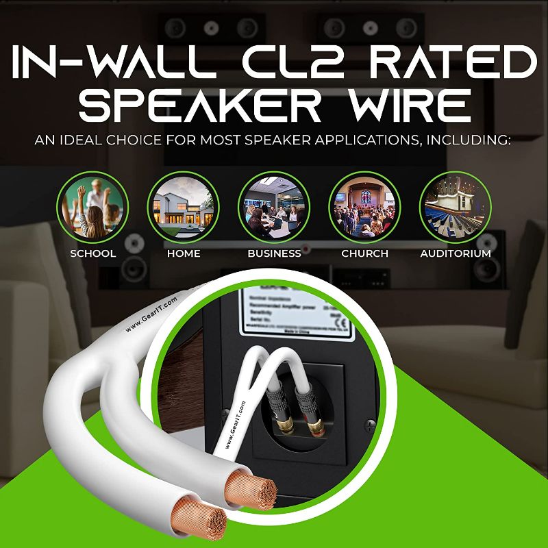 Photo 4 of GearIT 14AWG Speaker Cable Wire with Gold-Plated Banana Tip Plugs (6 Feet) in-Wall CL2 Rated, Heavy Duty Braided, 99.9% Oxygen-Free Copper (OFC) - White, 6ft
