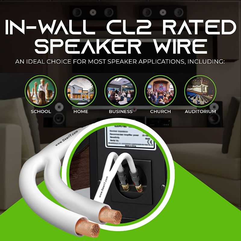 Photo 3 of GearIT 14AWG Speaker Cable Wire with Gold-Plated Banana Tip Plugs (6 Feet) in-Wall CL2 Rated, Heavy Duty Braided, 99.9% Oxygen-Free Copper (OFC) - White, 6ft
