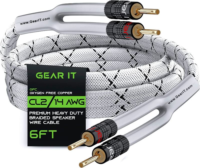 Photo 1 of GearIT 14AWG Speaker Cable Wire with Gold-Plated Banana Tip Plugs (6 Feet) in-Wall CL2 Rated, Heavy Duty Braided, 99.9% Oxygen-Free Copper (OFC) - White, 6ft
