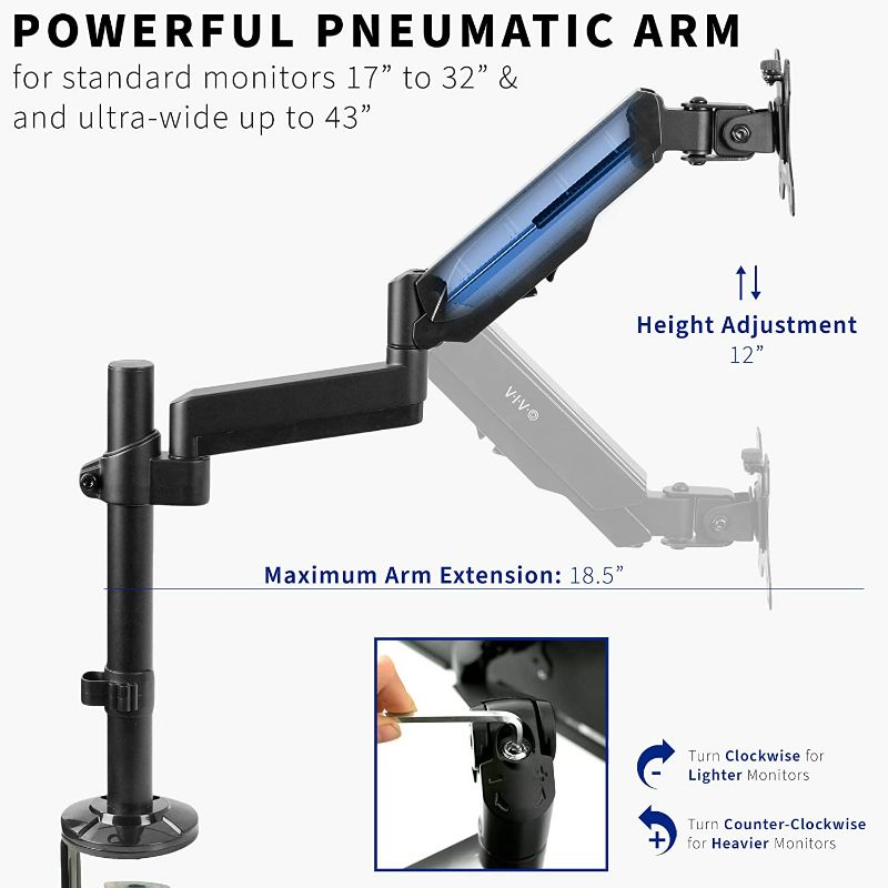 Photo 3 of VIVO Heavy Duty Articulating Single Pneumatic Spring Arm Desk Mount Stand, Fits 17 to 32 inch Standard Screens or 43 inch Ultrawides up to 26.4 lbs with Maximum VESA 200x100mm, STAND-V101H