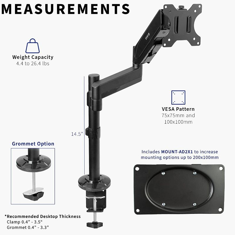 Photo 4 of VIVO Heavy Duty Articulating Single Pneumatic Spring Arm Desk Mount Stand, Fits 17 to 32 inch Standard Screens or 43 inch Ultrawides up to 26.4 lbs with Maximum VESA 200x100mm, STAND-V101H