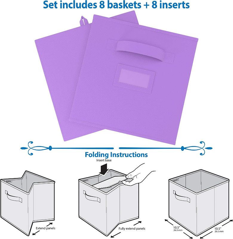 Photo 4 of Storage Cubes - 11 Inch Cube Storage Bins (Set of 8). Fabric Cubby Organizer Baskets with Dual Handles | Foldable Closet Shelf Organization Boxes (Purple)
