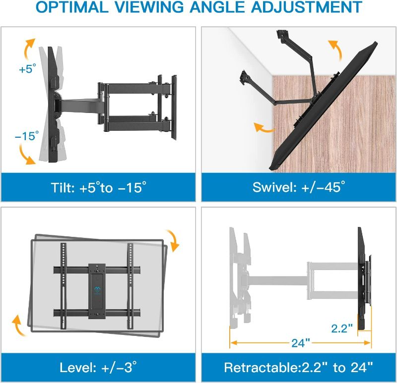 Photo 2 of Corner TV Wall Mount Bracket Tilts, Swivels, Extends, Full Motion Articulating TV Mount for 26-60 inch LED, LCD Flat Curved Screen TVs, Holds up to 99 lbs, VESA 400x400, Heavy Duty TV Bracket PSCMF1
