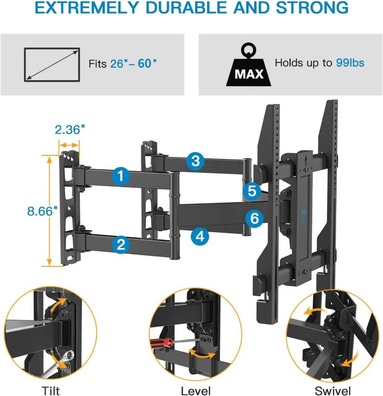 Photo 3 of Corner TV Wall Mount Bracket Tilts, Swivels, Extends, Full Motion Articulating TV Mount for 26-60 inch LED, LCD Flat Curved Screen TVs, Holds up to 99 lbs, VESA 400x400, Heavy Duty TV Bracket PSCMF1
