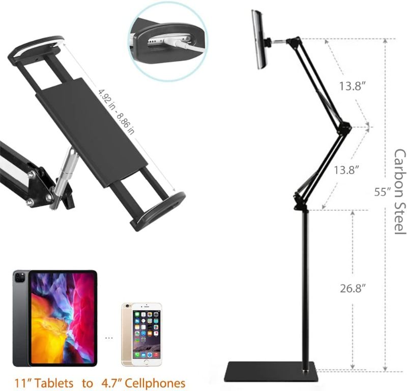 Photo 3 of Tablet Floor Stand, Overhead Camera Phone Mount Angle Height Adjustable Holder, Universal Floor Stand Compatible with iPhone iPad Pro Air Mini, Samsung Tab, Kindle, E-Readers
