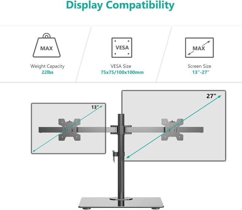Photo 2 of Free Standing Dual Monitor Stand, Height Adjustable Monitor Mount with Glass Base, Fits LCD LED Flat Curved Screen up to 27 inch, 22lbs, with Grommet Base