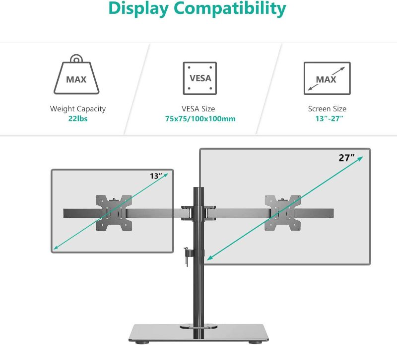 Photo 1 of Free Standing Dual Monitor Stand, Height Adjustable Monitor Mount with Glass Base, Fits LCD LED Flat Curved Screen up to 27 inch, 22lbs, with Grommet Base