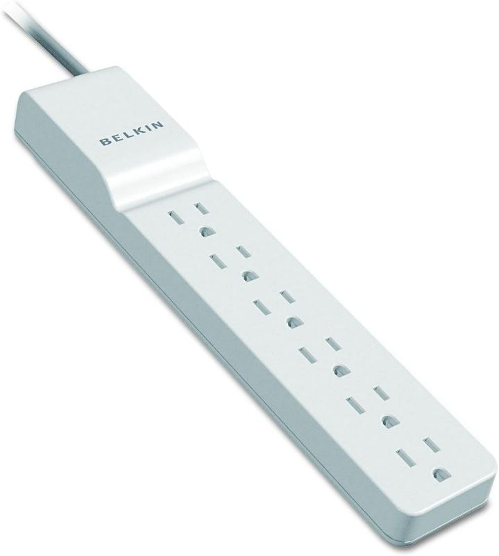 Photo 1 of Power Strip, Belkin Surge Protector 6 AC Multiple Outlets, Flat Rotating Plug, 6 ft Long Heavy Duty Extension Cord for Home, Office, Travel, Computer Desktop & Charging Brick, White