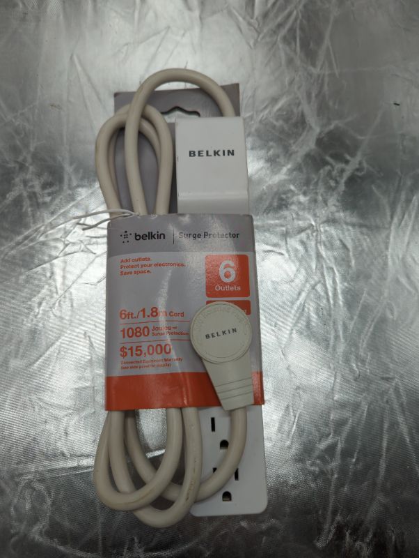 Photo 1 of Power Strip, Belkin Surge Protector 6 AC Multiple Outlets, Flat Rotating Plug, 6 ft Long Heavy Duty Extension Cord for Home, Office, Travel, Computer Desktop & Charging Brick, White