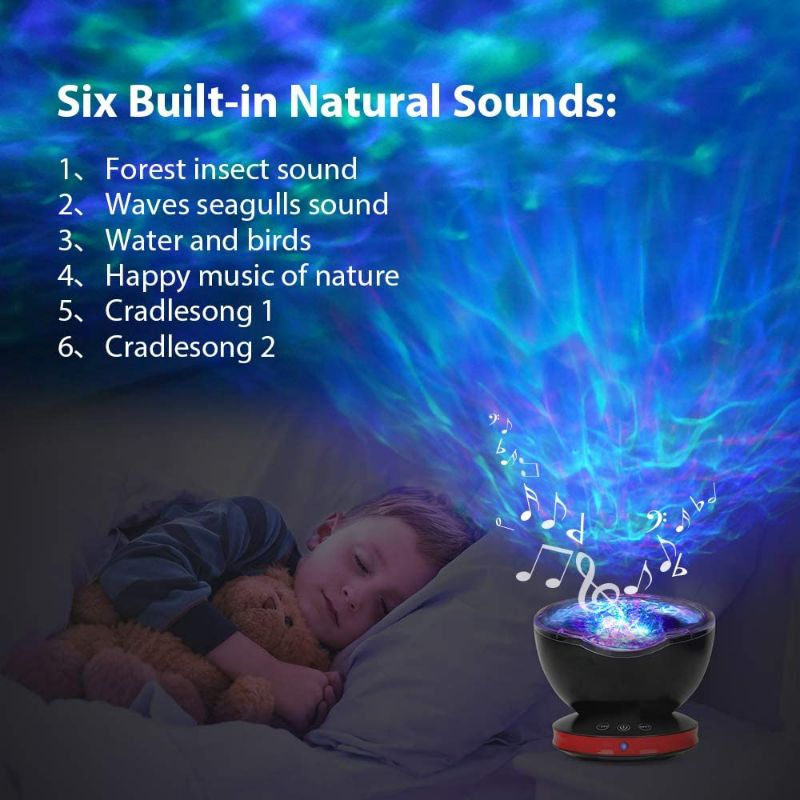 Photo 3 of Qaofuz Ocean Wave Projector, 12 LED Remote Control Night Light Lamp Timer 8 Colors Changing LED Kids Night Light Projector Lamp for Baby Kids Adult Bedroom Living Room and Holiday Party Decorations
