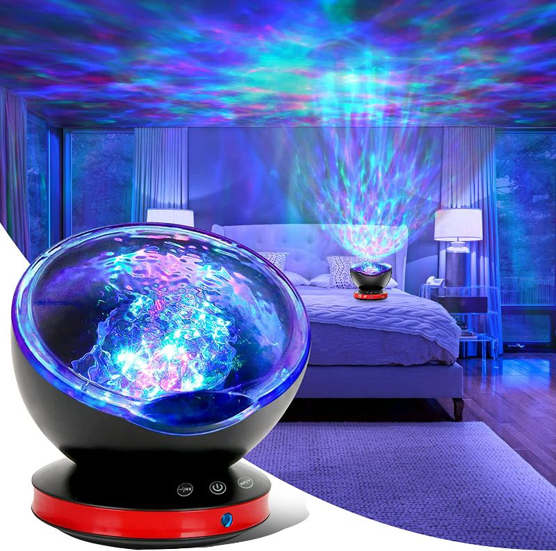 Photo 1 of Qaofuz Ocean Wave Projector, 12 LED Remote Control Night Light Lamp Timer 8 Colors Changing LED Kids Night Light Projector Lamp for Baby Kids Adult Bedroom Living Room and Holiday Party Decorations
