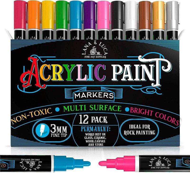 Photo 1 of LANA & LUCA Acrylic Paint Markers Reversible Tips, Acrylic Paint Pens for Rock Painting, Stone, Ceramic, Glass, Wood, Acrylic Paint Pen, Paint Marker - Lana & Luca (12 Pack, 3mm), Multicolor
