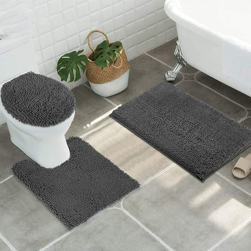Photo 4 of ITSOFT 3pc Non-Slip Shaggy Chenille Bathroom Mat Set, Includes U-Shaped Contour Toilet Rug, Bathmat and 1 Toilet Lid Cover, Charcoal Gray

