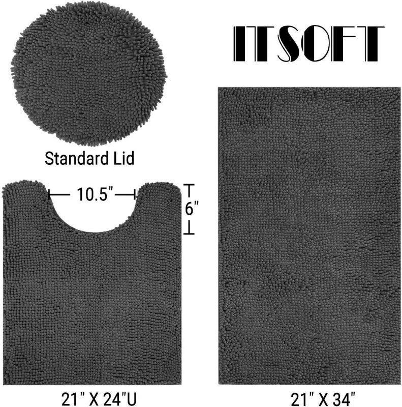 Photo 2 of ITSOFT 3pc Non-Slip Shaggy Chenille Bathroom Mat Set, Includes U-Shaped Contour Toilet Rug, Bathmat and 1 Toilet Lid Cover, Charcoal Gray
