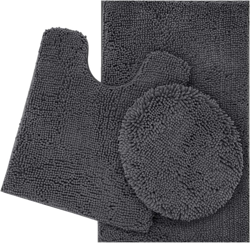 Photo 1 of ITSOFT 3pc Non-Slip Shaggy Chenille Bathroom Mat Set, Includes U-Shaped Contour Toilet Rug, Bathmat and 1 Toilet Lid Cover, Charcoal Gray

