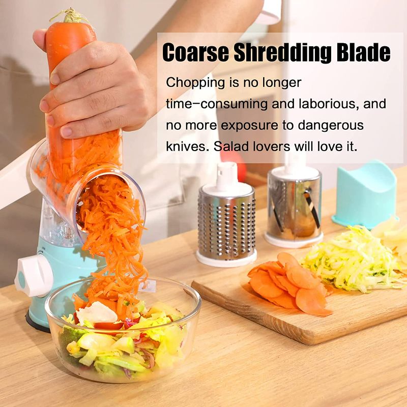 Photo 4 of BLEUM CADE Rotary Cheese Grater, 3 in 1 Drum Blades Grater Slicer Shredder Cheese Grater Rotary with Handle Food Shredder with Strong Suction Base Rotary Grater Ideal for Vegetables Nuts, Blue
