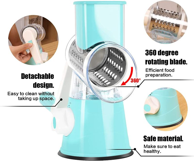 Photo 3 of BLEUM CADE Rotary Cheese Grater, 3 in 1 Drum Blades Grater Slicer Shredder Cheese Grater Rotary with Handle Food Shredder with Strong Suction Base Rotary Grater Ideal for Vegetables Nuts, Blue
