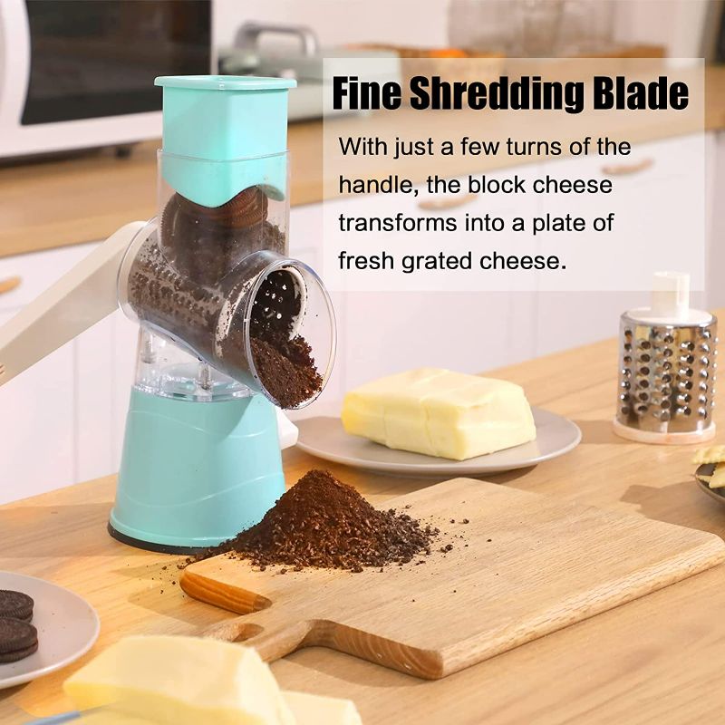 Photo 2 of BLEUM CADE Rotary Cheese Grater, 3 in 1 Drum Blades Grater Slicer Shredder Cheese Grater Rotary with Handle Food Shredder with Strong Suction Base Rotary Grater Ideal for Vegetables Nuts, Blue
