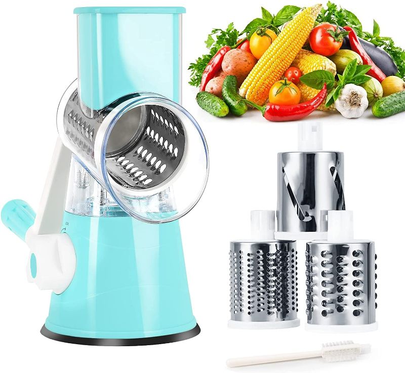 Photo 1 of BLEUM CADE Rotary Cheese Grater, 3 in 1 Drum Blades Grater Slicer Shredder Cheese Grater Rotary with Handle Food Shredder with Strong Suction Base Rotary Grater Ideal for Vegetables Nuts, Blue
