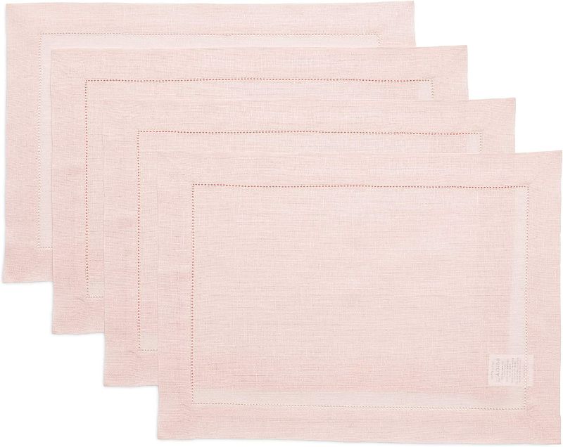 Photo 1 of Solino Home Pink Linen Placemats Set of 4 – 100% Pure Linen Fabric Tablemats 14 x 19 Inch – Classic Hemstitch Placemats for Spring, Easter, Summer – Machine...
