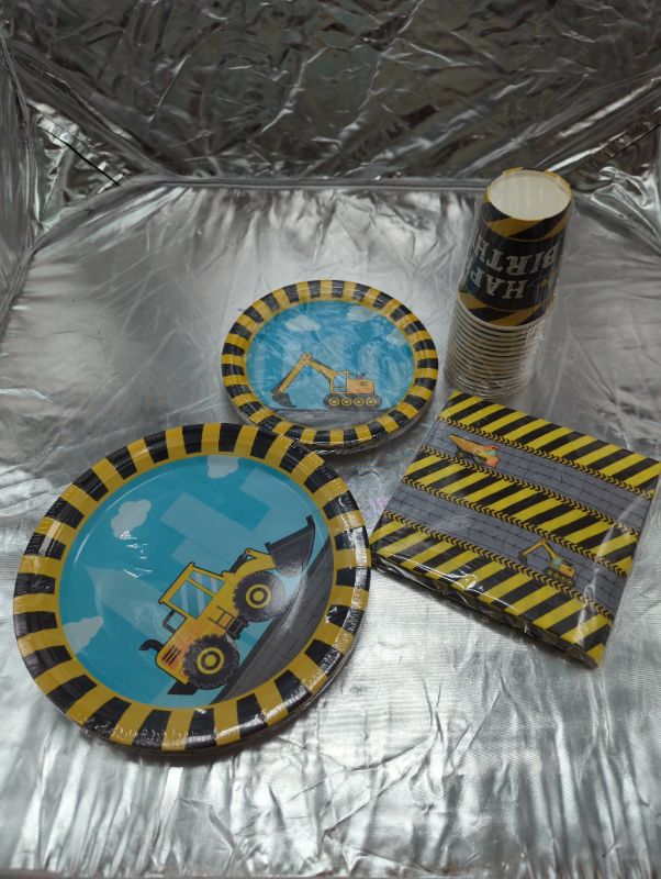Photo 2 of WERNNSAI Construction Party Supplies - Disposable Dump Truck Themed Tableware Set for Boys Kids Birthday Dinner Dessert Plates Cups and Napkins 
