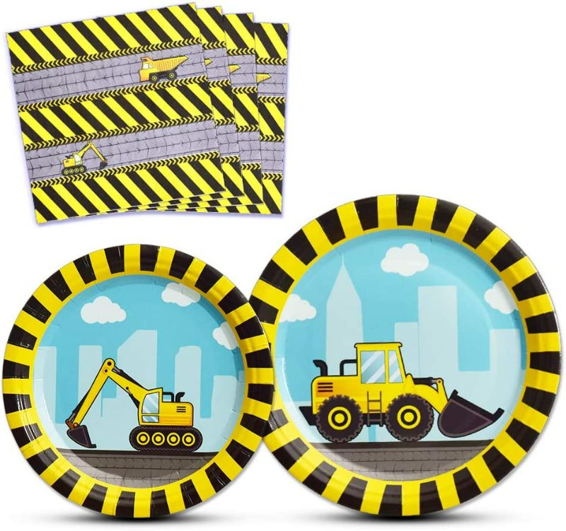Photo 1 of WERNNSAI Construction Party Supplies - Disposable Dump Truck Themed Tableware Set for Boys Kids Birthday Dinner Dessert Plates Cups and Napkins 
