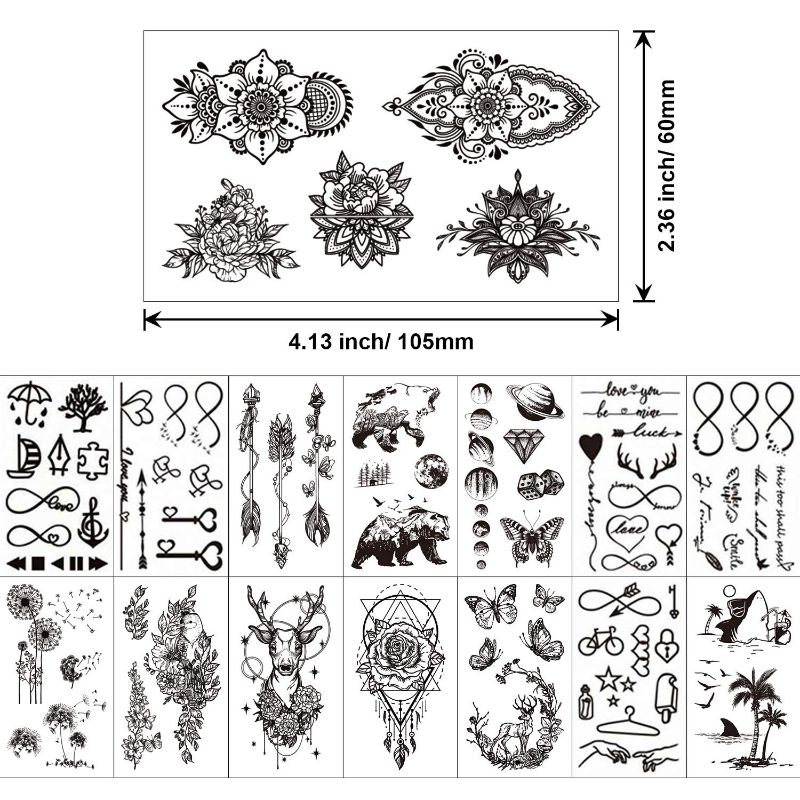 Photo 2 of Konsait Temporary Tattoos for Adults Women Men Kids(60 Sheets), Waterproof Temporary Tattoo Fake Black Tribal Body Art Stickers Face Arm Sleeve Neck Wrist Tattoos Totem Flower Butterfly Shark Feather - 2 Pack
