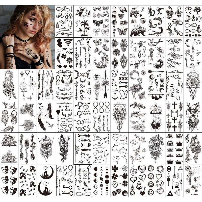 Photo 1 of Konsait Temporary Tattoos for Adults Women Men Kids(60 Sheets), Waterproof Temporary Tattoo Fake Black Tribal Body Art Stickers Face Arm Sleeve Neck Wrist Tattoos Totem Flower Butterfly Shark Feather - 2 Pack
