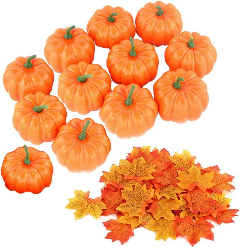 Photo 2 of 12 Pack 3.4inch Artificial Mini Fake Pumpkins with 30PCS Maple Leaves for Halloween Decoration,Small Realistic Pumpkin Fall Harvest Thanksgiving Party Decor,Totally 42pcs Artificial Pumpkins Set
