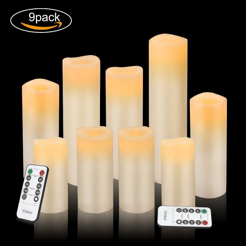 Photo 2 of Vinkor Flameless Candles Battery Operated Candles 4" 5" 6" 7" 8" 9" Set of 9 Ivory Real Wax Pillar LED Candles with 10-Key Remote and Cycling 24 Hours Timer
