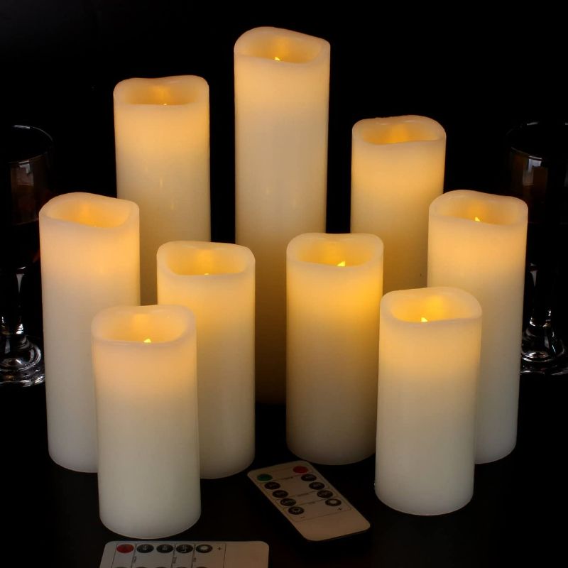Photo 1 of Vinkor Flameless Candles Battery Operated Candles 4" 5" 6" 7" 8" 9" Set of 9 Ivory Real Wax Pillar LED Candles with 10-Key Remote and Cycling 24 Hours Timer
