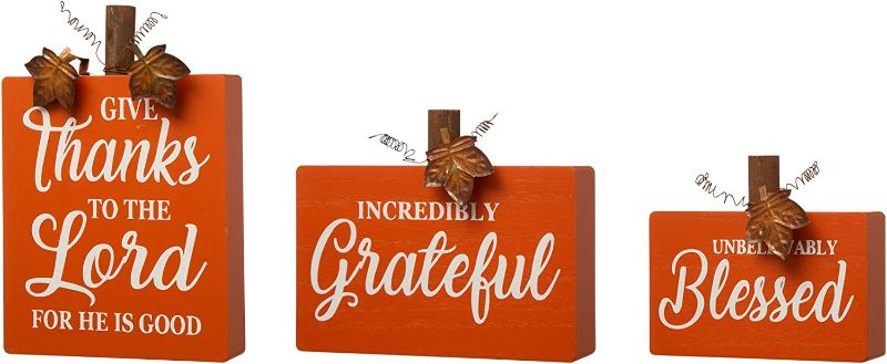 Photo 2 of Glitzhome Thanksgiving Table Wooden Pumpkin Blocks Decorative Signs, Set of 3, 8.85" H, Orange