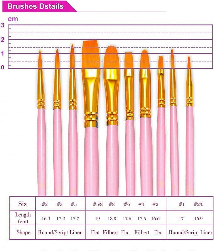 Photo 2 of BOSOBO Paint Brushes Set, 10 Pieces Round Pointed Tip Paintbrushes Nylon Hair Artist Acrylic Paint Brushes for Acrylic Oil Watercolor, Face Nail Body Art, Miniature Detailing & Rock Painting, Pink - 2 Pack
